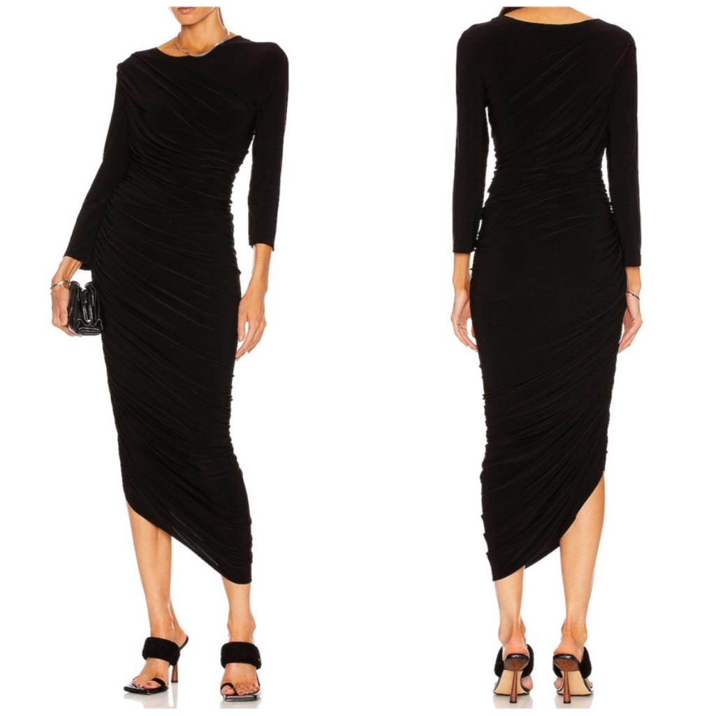 Norma Kamali Diana Asymmetric Hem Long-Sleeve Black Midi Dress Size L